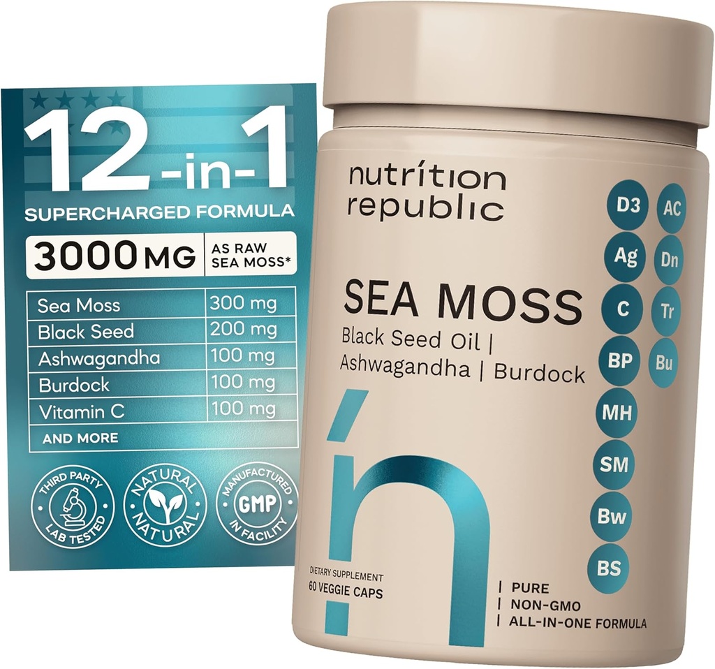 Sea Moss Dodatek, Moss Moss Kapsle s černým semenným olejem, Ashwagandha a Burdock Kořen, Multiminerální dodatek s vitamínem C, 60 Veggie Kapsle