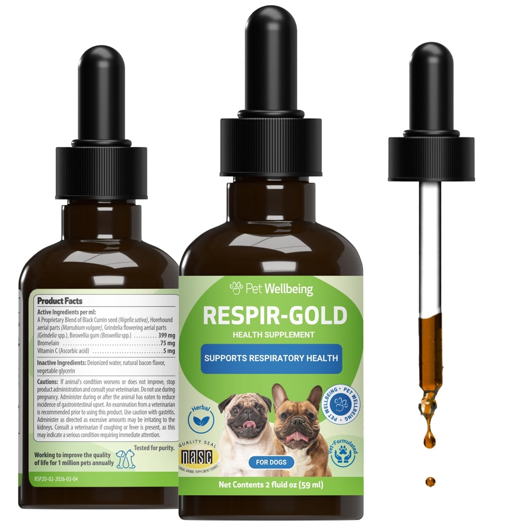 Pet Wellbeing Related -Gold pro psy - Podporuje zdravé dýchání, Open Airways, Respirační podpora, Black Cumin, Horehound, Grindelia - Veterinarian- Related Herbal dodatek 2 oz (59 ml)