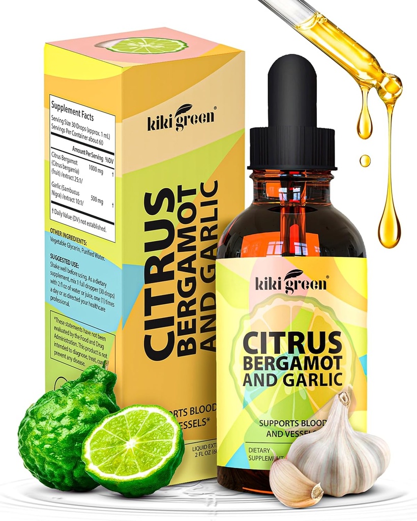 KIKI Green Liquid Citrus Bergamot & Česnek Extract - Citrus Bergamot dodatek pro srdeční zdraví, Imunitní systém podpory a zdravé stárnutí Non- GMO, gluten- Volný dodatek 2 Fl Oz.