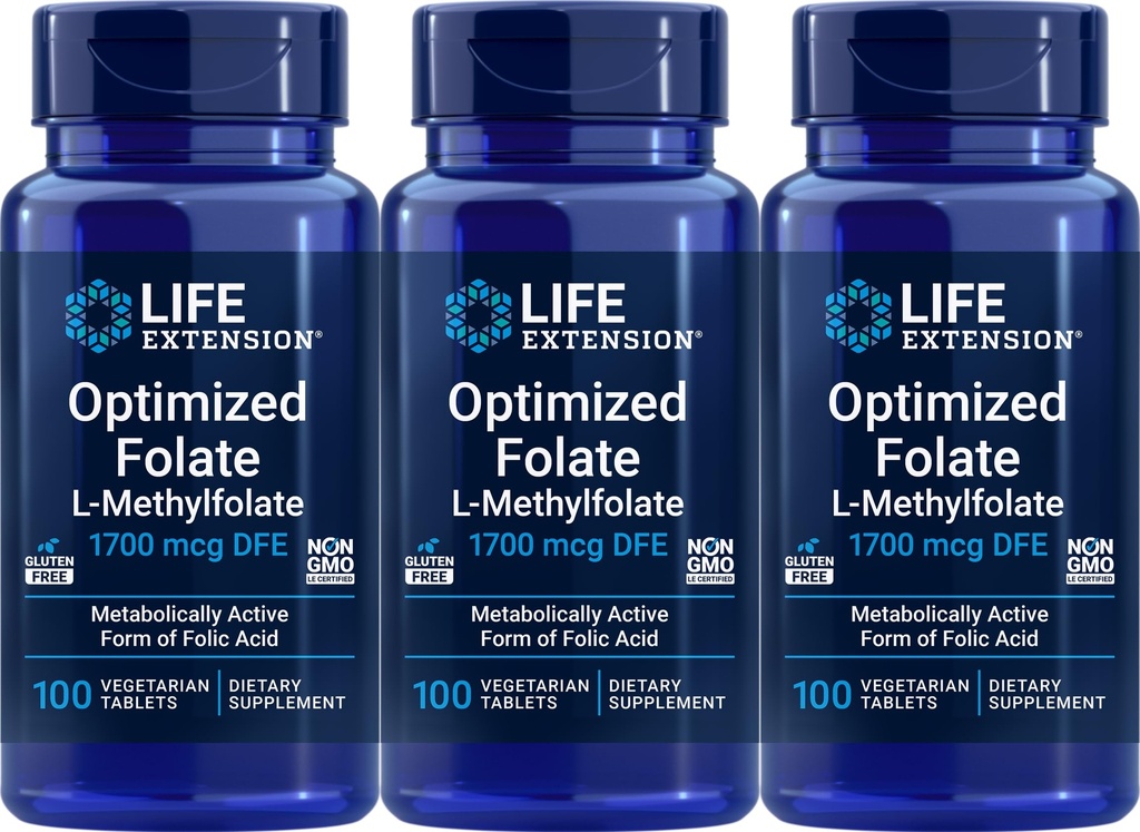 Life Extension Optimalizovaný folát 1700 mcg DFE, 100 Vegetariánských tablet (balení po 3)