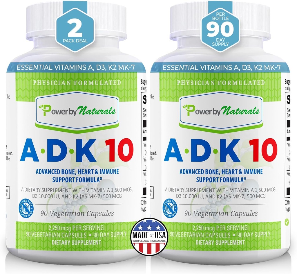 Power By Naturals ADK Vitamin Supplement - ADK 10 High Potency with Vitamíny A, D3 10.000 IU & K2 MK7 for Superior Heart, Imunity & Bone Health Support - 90 Kapsle, 2 balení (6- měsíční dodávka)