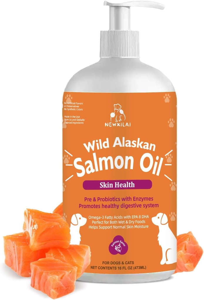 Divoký aljašský losos olej pro psy a kočky, Omega-3 Rybí olej dodatek s EPA & DHA, podpora zdraví pokožky, lesklý plášť, silný kloub a alergie Relief - Pump láhev 16oz