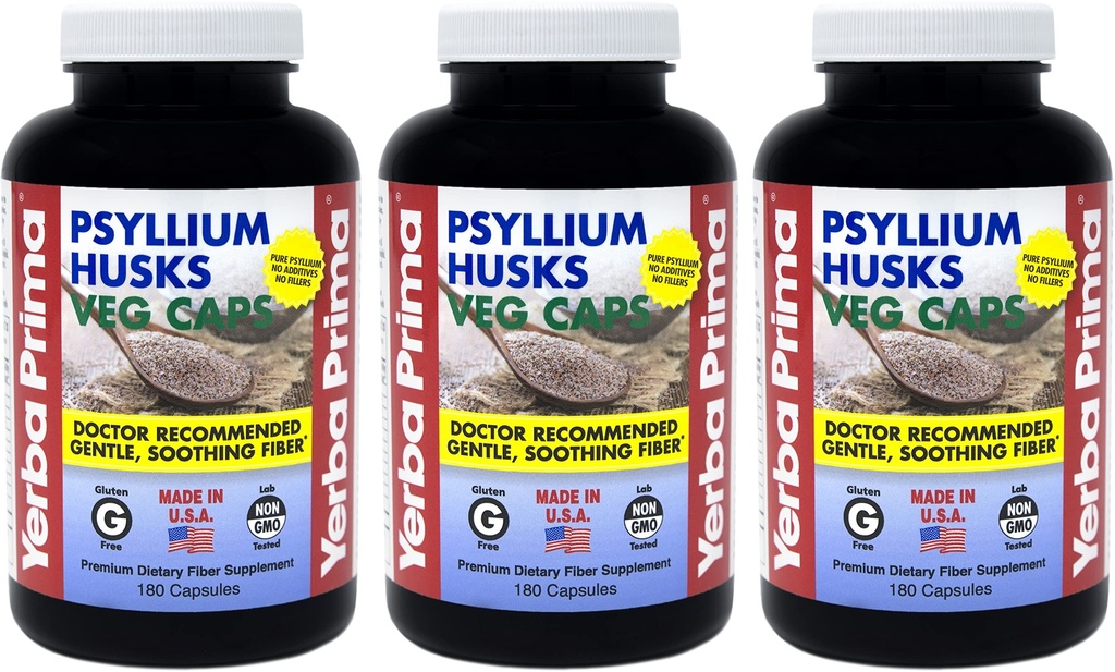 Yerba Prima Psylium Husks Veg Caps - 180 Počet (balení po 3) - Vegan, Non- GMO, gluten Free, Colon Cleanser, Denní Fiber dodatek pro Gut zdraví & Regularity