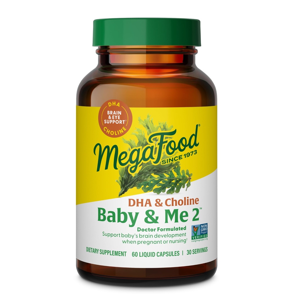 MegaFood Baby & Me 2 Prenatální vitamíny pro ženy, DHA & Choline doplňky, tekuté DHA a Cholin pro vývoj dětského mozku a očí během těhotenství, Vegan, 60 Kapsle (30 Služení)