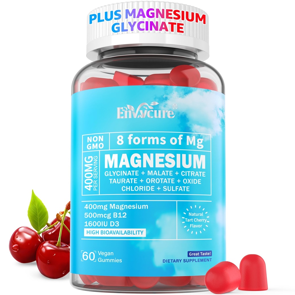 Magnesium Gummies 400mg Glycinát 124; jako 8 Formy magnesium Glycinát, Malate, Citrát, Taurát, Oxid a další 124; s Ashwagandha Extract, D3 & B12 Podpory pro klid, Zzz, Mood, Muscle Cramp - Vegan 60 Cts