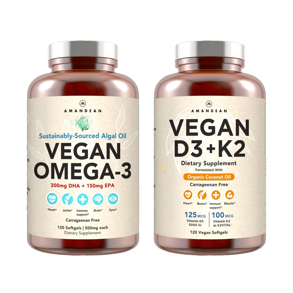Vegan Powerhouse Combo. Omega-3 z Algal Oil & Vitamin D3 + K2. Plant- based 5000 iu VIT D z Algae. 100 mcg All- Trans MK-7 Vita K. Carrageenan zdarma Veggie Softgels.