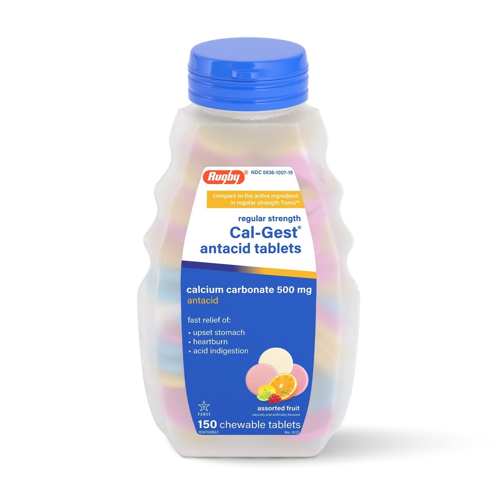 Ragby Cal- Gest Antacid Tablety - Pravidelná síla - Karbonát vápenatý 500 mg - Agrid Fruit Flavor - 150 Žvýkatelný počet (1 balení)