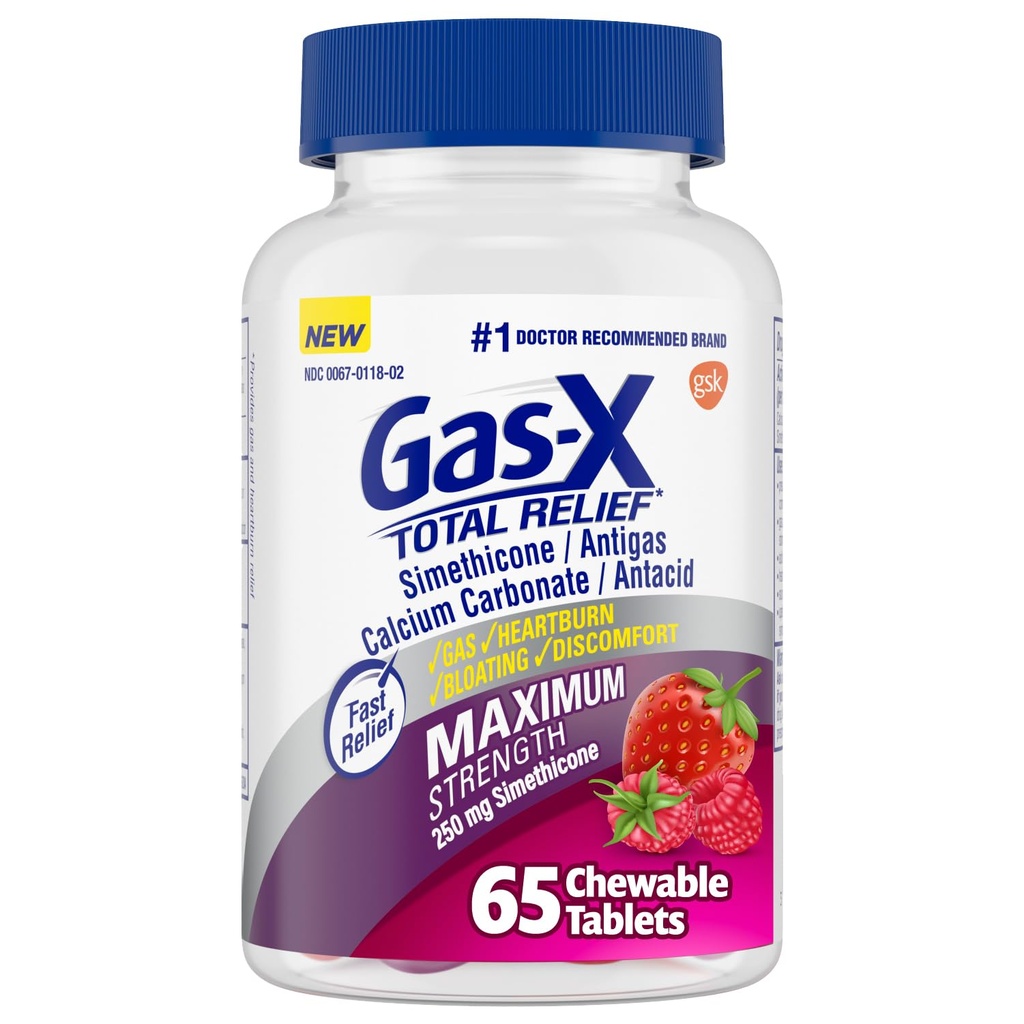 Gas- X Celková úleva Žvýkací tablety s maximální silou plynu Simethicone 250 mg a Heartburn Relief vápníku Carbonate 750 mg, Bloating Relief, Smíšené Berries - 65 Počet