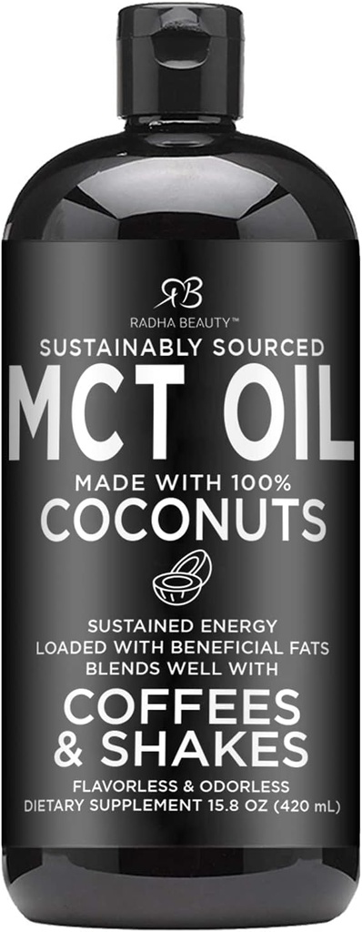 Radha Beauty Premium MCT Oil Vyrobeno pouze z Non- GMO kokosy - 15.8oz. Keto, Paleo, gluten zdarma a Vegan Schváleno.