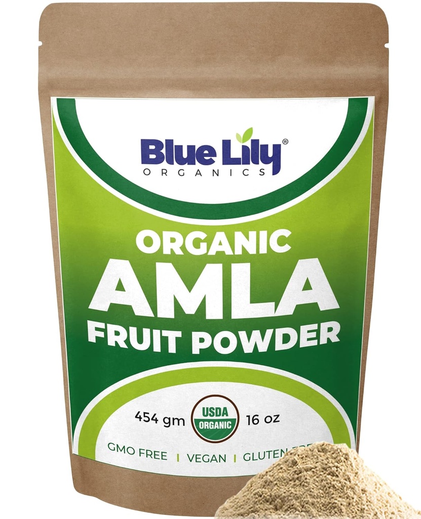 Blue Lily USDA Organic Amla Powder (Amalaki / Indian Gooseberry) 16oz (1lb) Resealable Kraft Bag, 100% čistý Amla Berry Powder, bohatý na antioxidant vitamin C, podporuje zdravý imunitní systém