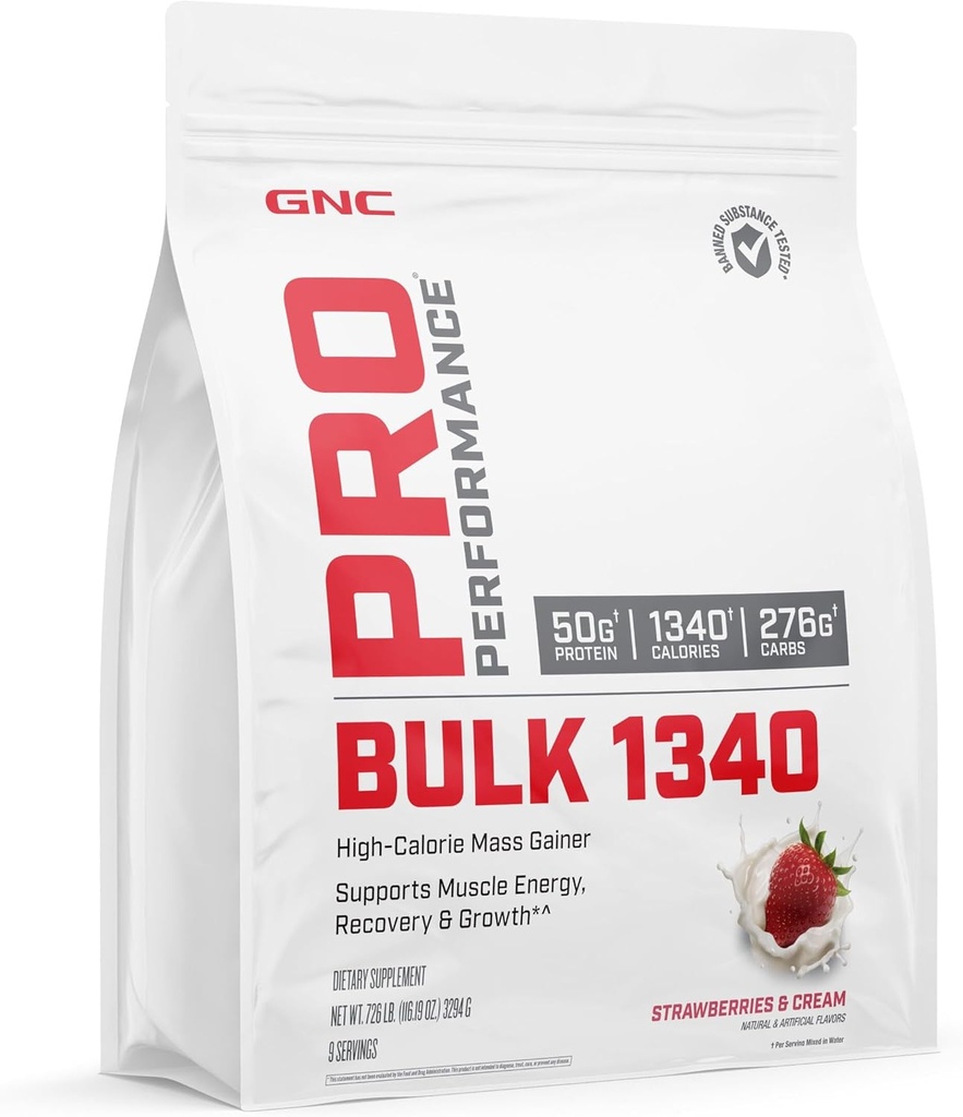 GNC Pro Performance Bulk 1340 Mass Gainer Protein Powder, 50g, Gluten Free, Syrovátka, Creatine, BCAA, 3. strana Testováno, Muscle Recovery & Growth, Mikronutrients, Jahody a krém, 9 Služeb