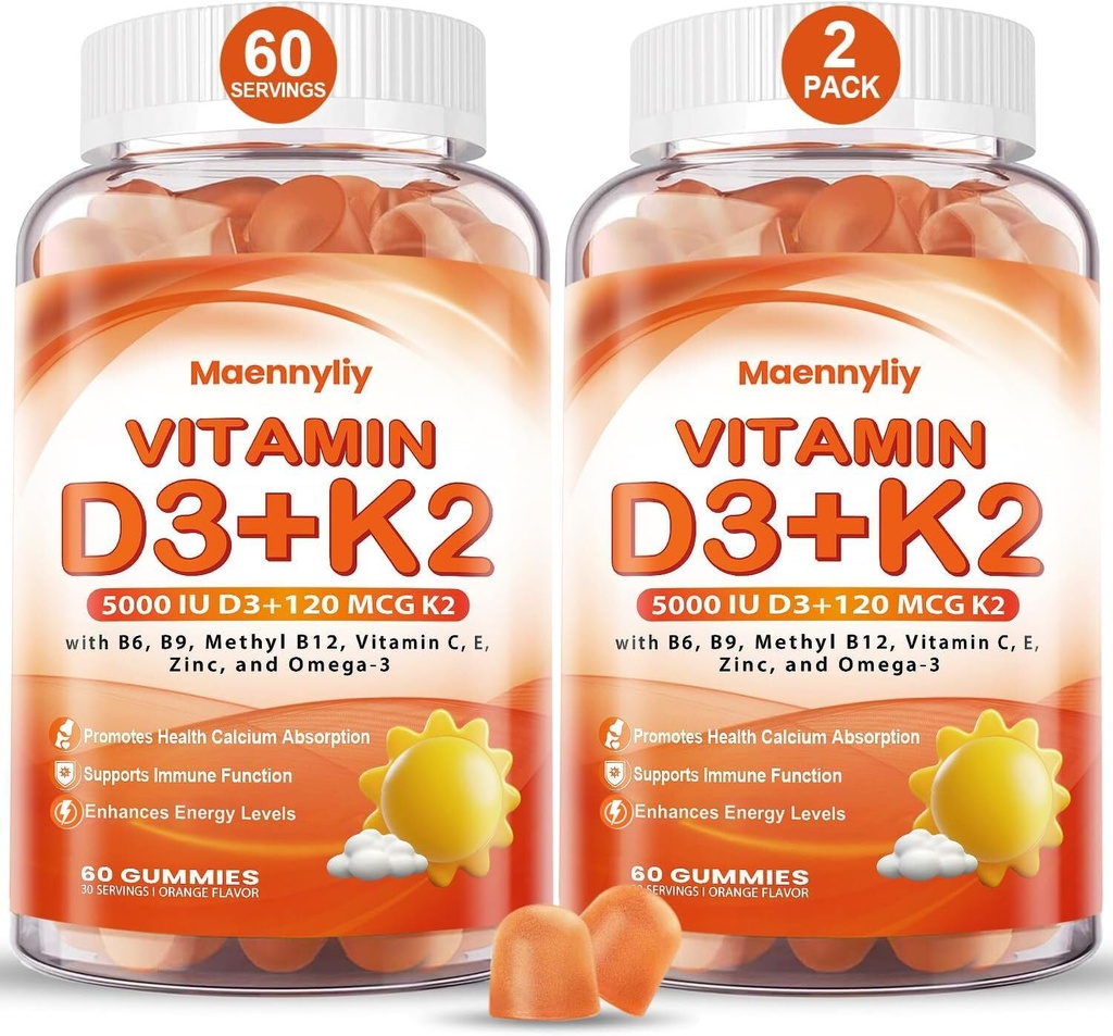 Vitamin D3 K2 Gummie pro dospělé - Vitamin D3 5000IU + K2 (MK-7) 120mcg - Sugar- Free D3 a K2 Doplňky s Omega-3, methyl B12, B9, B6, Vitaminy E & Zinek - pro absorpci a imunitní zdraví vápníku