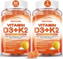 Vitamin D3 K2 Gummie pro dospělé - Vitamin D3 5000IU + K2 (MK-7) 120mcg - Sugar- Free D3 a K2 Doplňky s Omega-3, methyl B12, B9, B6, Vitaminy E & Zinek - pro absorpci a imunitní zdraví vápníku