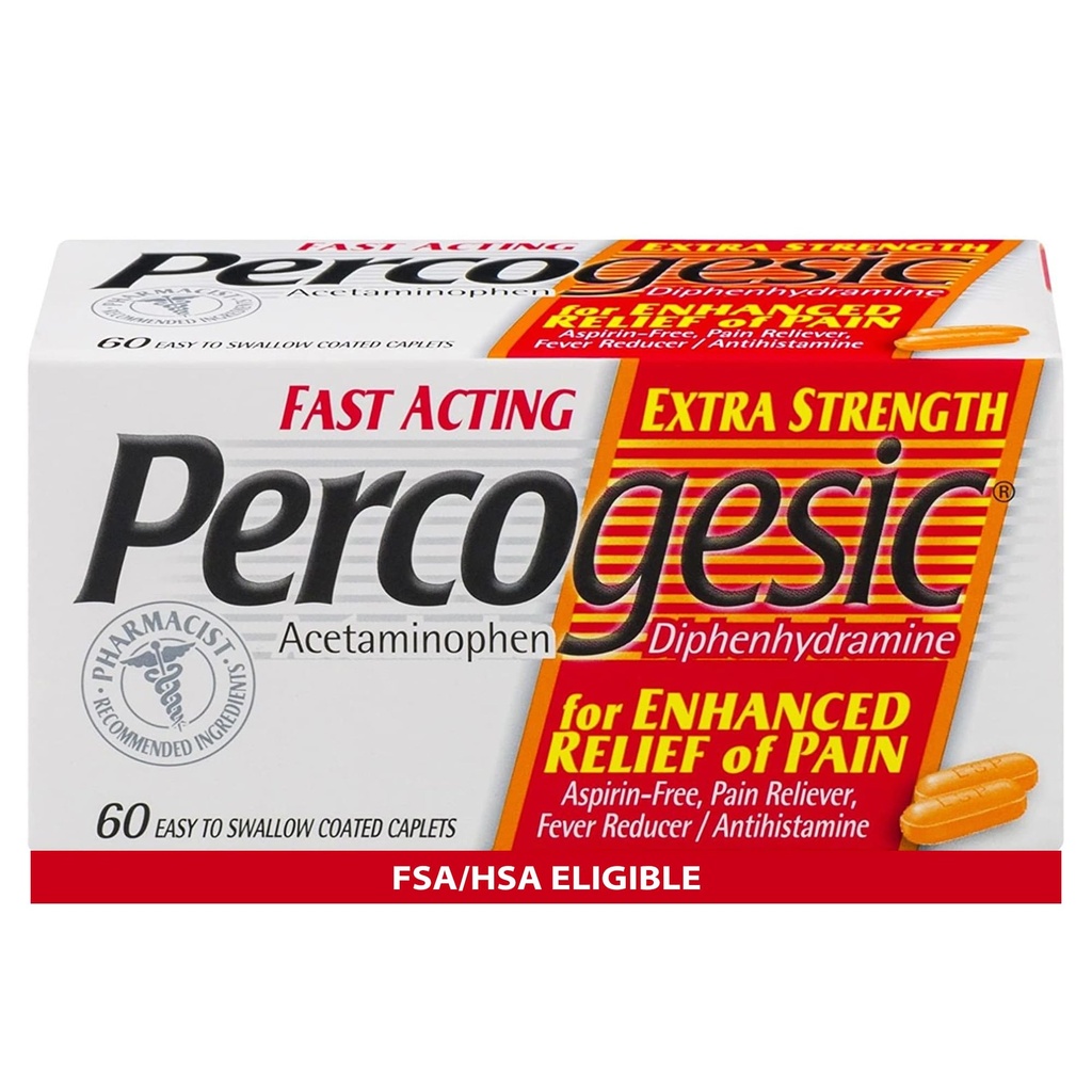 Percogesic Extra Strength Acetaminofen & Difenhydramin Pain Relief, Fast- acting Aspirin- Free Fever Reducer & Antihistamin, 60 Počet