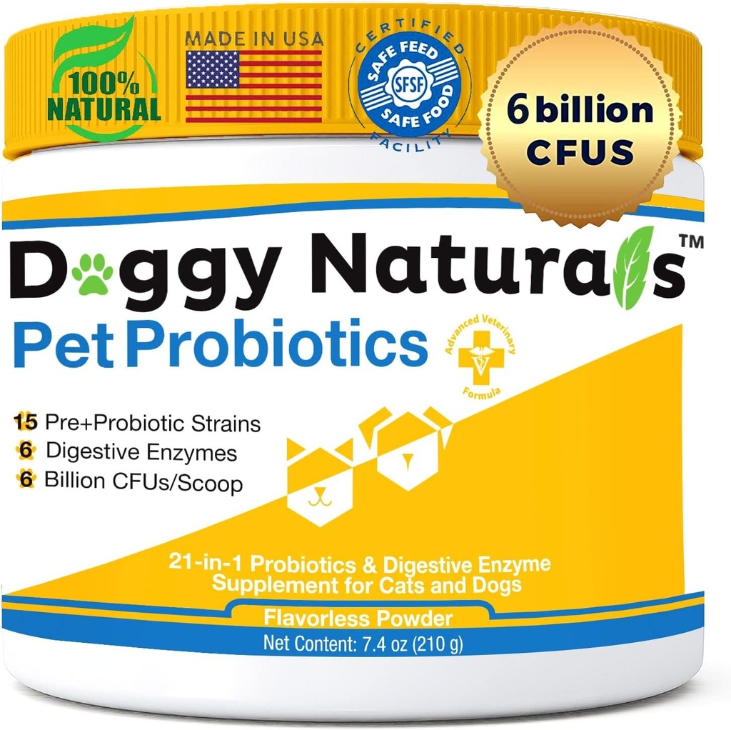 Probiotika pro psy a kočky - Max- Strength with 15 Strains Pre & Probiotics Digestive Health, Increase & Made Real Gut Flora (Made in USA) 7.4 Oz (6 miliard CFU per Scoop)