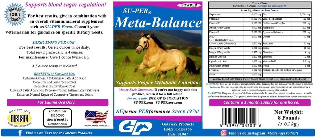 SU-PER Meta- Balance Koňské Metabolické Podpora - Regulace cukru v krvi & Dědičný doplněk zdraví - Koňské vitamíny a minerály, Bylinné Extrakty, Probiotika - 8 liber, 1 měsíc Dodávka