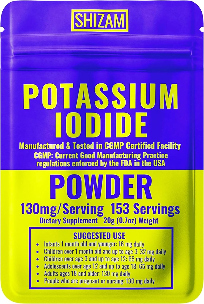 SHIZAM kalium Iodide 130 mg 65 mg Powder Survival Kit kits, KI jód Kapsle Kapsle tekuté Tinktura Pills Tablet Tablety Alt Supplements, příprava příslušenství 130mg 65mg