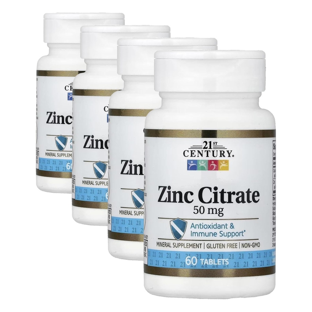 21. Století Zdravotní péče Zinek Citrátové tablety 50mg, 60 Počet (Balení po 4)