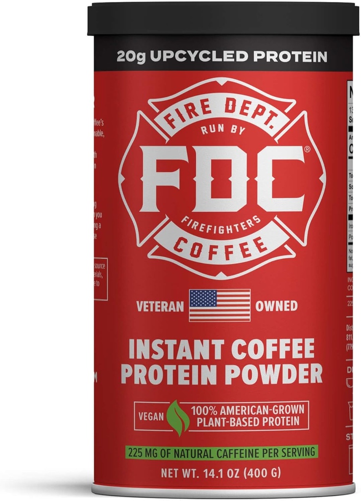 Hasičská káva - Dává zpět hasičům - Instant Coffee Protein Powder - Plant Based Protein Powder - 100% American-Grown, Made with Upcycled Barley Protein - Veterán vlastněn - 14.1 oz Can