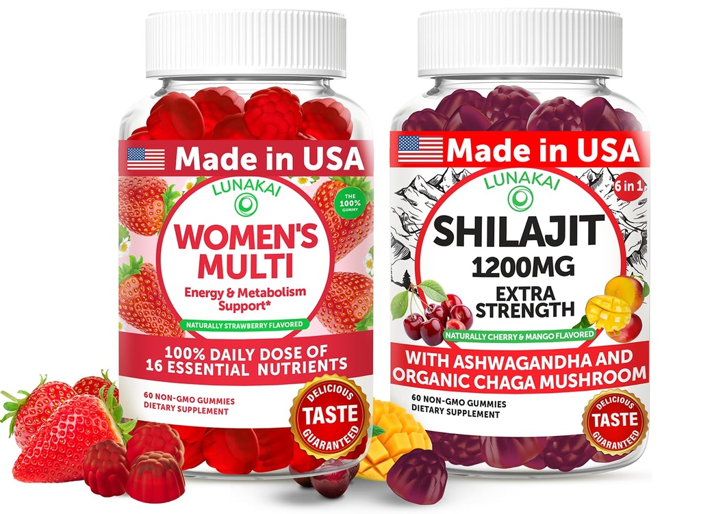 Lunakai USA Made Womens Multivitamin & Shilajit Gummies Bundle - Energy, Immunication & Vitality Support - Přirozeně ochucená - 60 Non- GMO Gummies Each