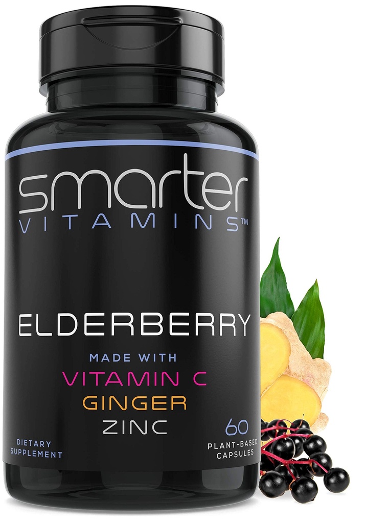 Chytré Elderberry Kapsle + Vitamin C + Ginger & Zinek, Bylinný dodatek, Výkonný černý Starší Berry Extract Antioxidant Vitamin, 60 Veganové pilulky