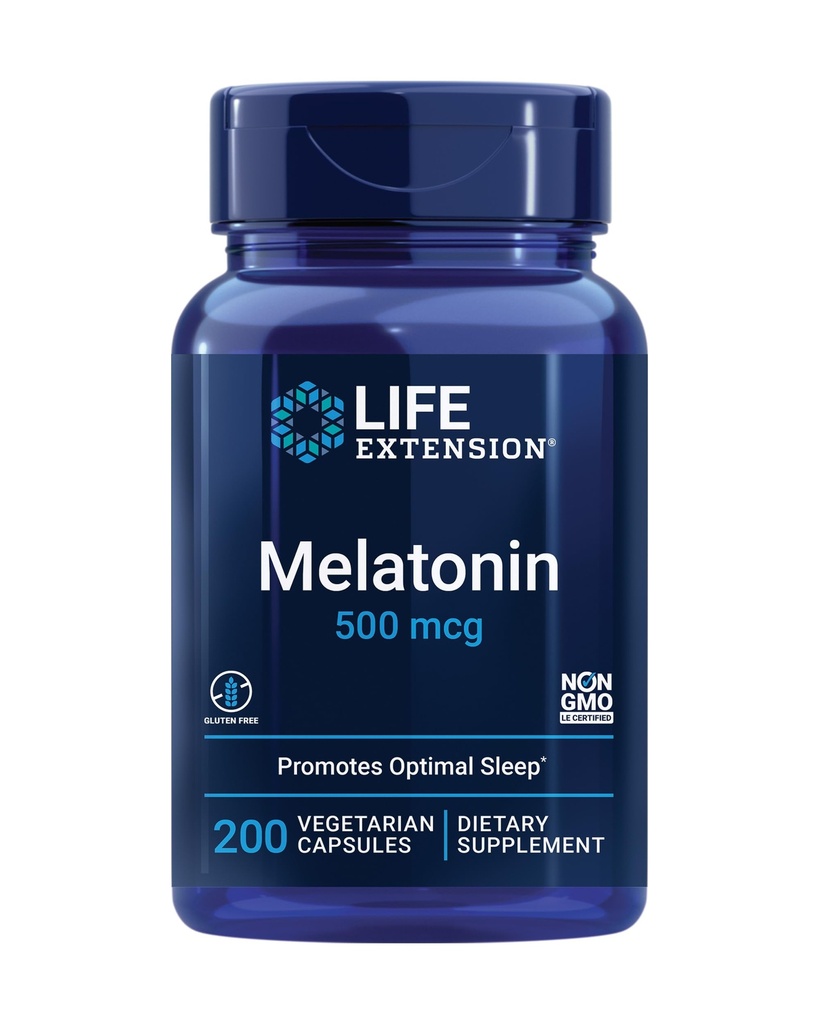Life Extension Melatonin, 500 mcg - Jemně podporuje spánek, nízká dávka, velikost hodnoty - Non- GMO, gluten- Free, Vegetarian - 200 Kapsle