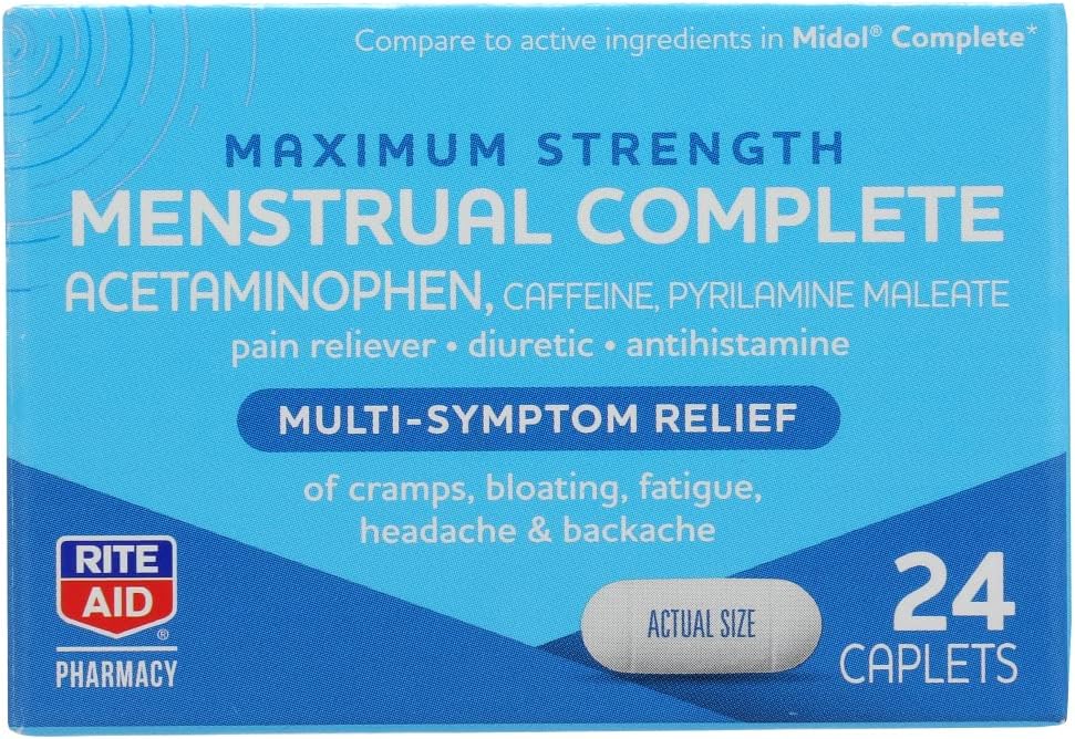 Rite Aid, Pharmacy Menstrual Multi Symptom Relief Caplet Maximální síla, 24 Počet