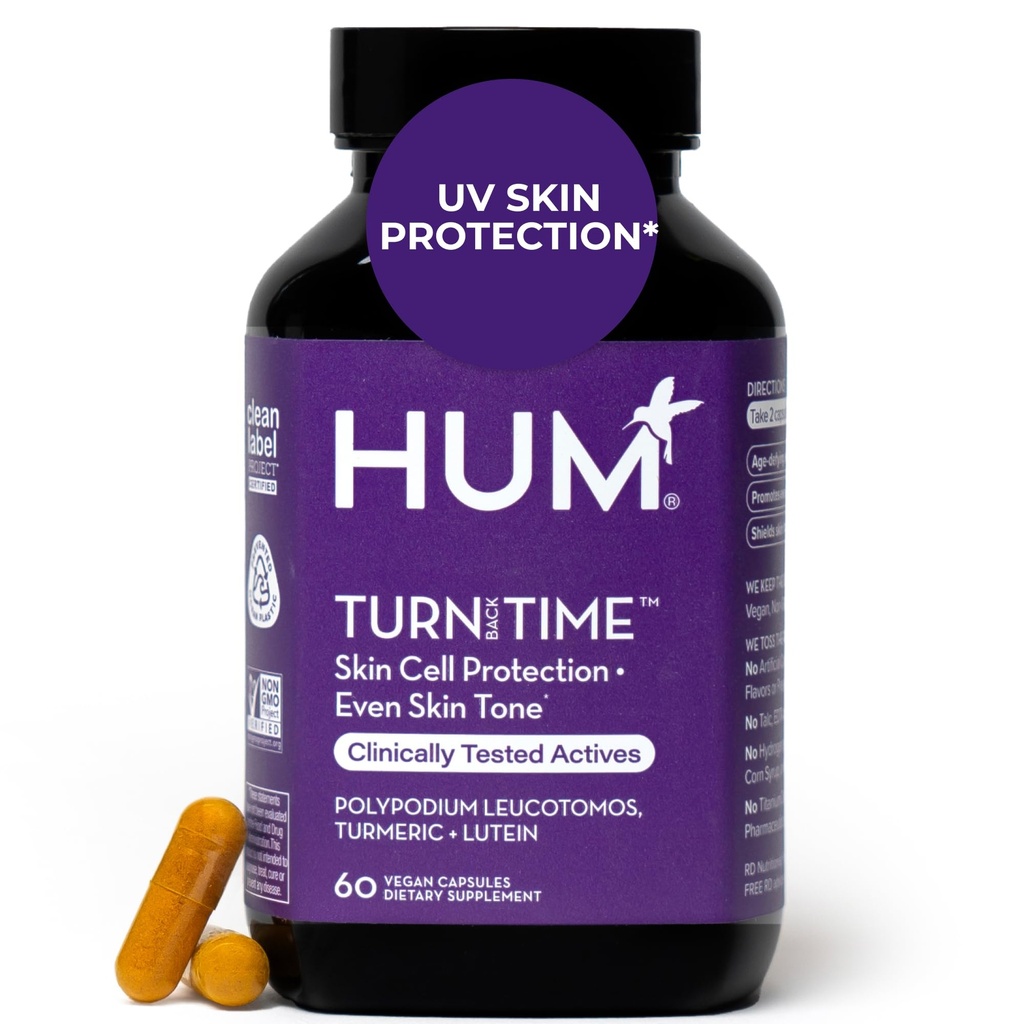 HUM Zadní čas Kurkuma dodatek pro mladistvý vzhled Kožní podpora s Green Tea Extract, Lutein & Polyfenoly, Péče o pleť Stárnutí & Kolagen Podpůrné kapsle pro Even Tone, 60 Vegan Kapsle