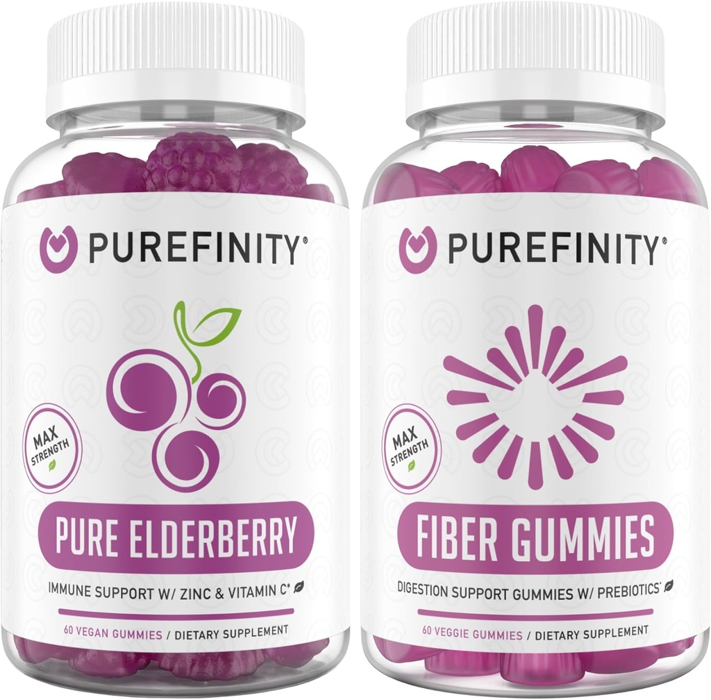 Vláknina PUREFINITY + gumička z bezinky (Inulin FOS Prebiotic Fiber Gummies + Double Force Elderberry Gummies with Zinek & Vitamin C)