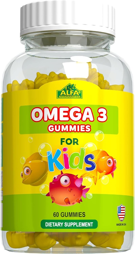 ALFA VITAMINS Omega 3 Dětské žvejky, Podporuje vývoj mozku, Zdraví a vize srdce, Snadno žvýkat, Omega 3 dodatek pro děti, Oranžová ochucená, No Fishy Chuť, 3 gumové denně, 60 gumové
