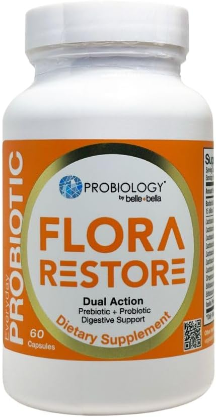 Belle + bella Flora Restore Daily Probiotic - 15 miliard živých kultur - Probiotika a prebiotika pro stravovací a těžební zdraví - Imunitní podpora - Promotes Regularity - Vegan & gluten zdarma - 60 Caps