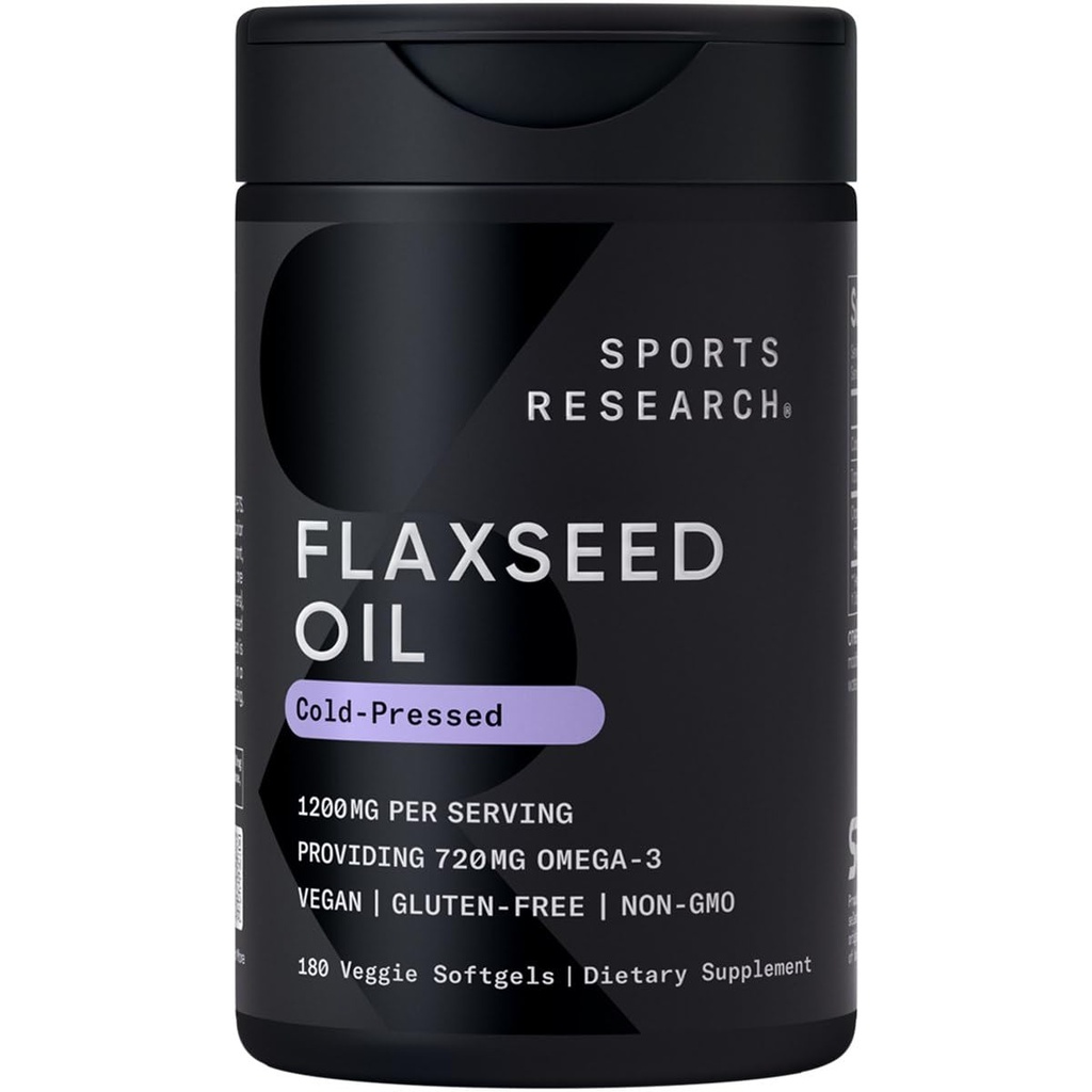 Sportovní výzkum Vegan Flaxseed Oil (1200mg) Bylinný dodatek s Plant- based ALA Omega 3 - Vegan Certified & Non- GMO Ověřeno - Lepek, Soy & Karagenan zdarma (180 Veggie Softgels)