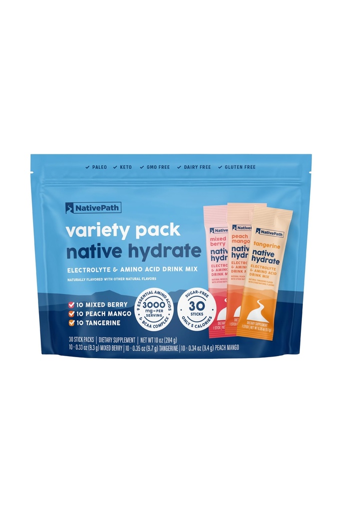NativePath Native Hydrate Stick Packs s elektrolyty a aminokyselinami, Variety Pack, Mixed Berry, Peach Mango, Tangerine, 30 Servings