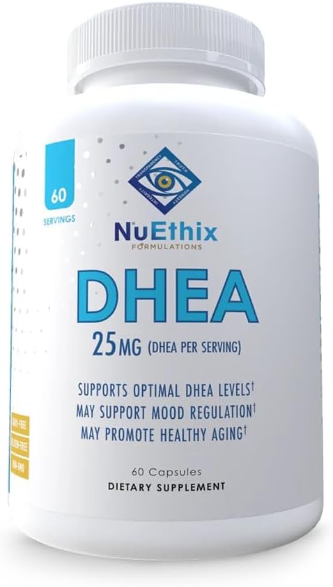NuEthix Applications DHEA 25mg Doplněk pro ženy a muže, Zahrnuje Grapefruit Extract, Lepší DHEA Hormon Podpora, Vylepšená Biologicko-Dostupnost, Cukr zdarma, Gluten zdarma, Non GMO, 60 Služeb