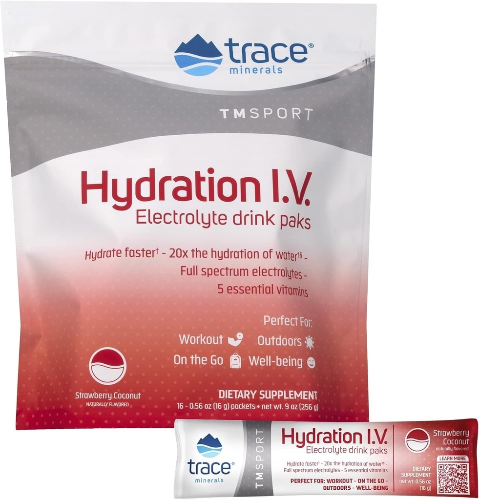 Stopy Minerály 124; Hydratace I.V. Electrolytes Powder Packets I124; Full Spectrum Recovery Mineral Mix pro rychlou rehydrataci, přírodní energii a svalovou Staminu 124; Jahodová kokosová 124; 16 Cestovní balení