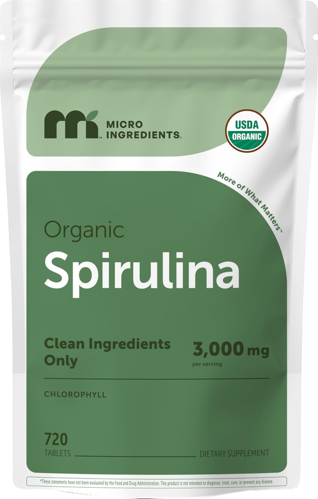 Micro Ingredients Organic Spirulina Dodatek, 720 Tablety (4 Měsíční dodávky), No Filler & Non- GMO, Bohaté na Vegan Protein, Vitamíny & Prebiotika, Premium Spirulina pilulky