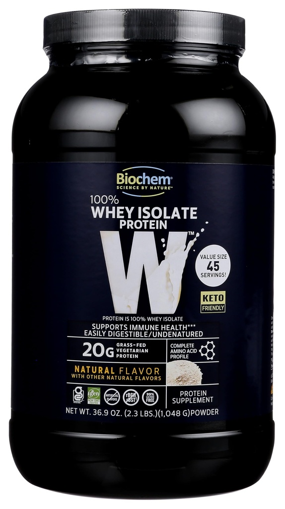 Biochem 100% syrovátkový izolát protein - přírodní aroma - 20g proteinu - Pre & Post Workout - Strava náhrada - Keto- Friendly - Snadno stravitelné - Silky hladká chuť - snadno míchat (36.9 oz)
