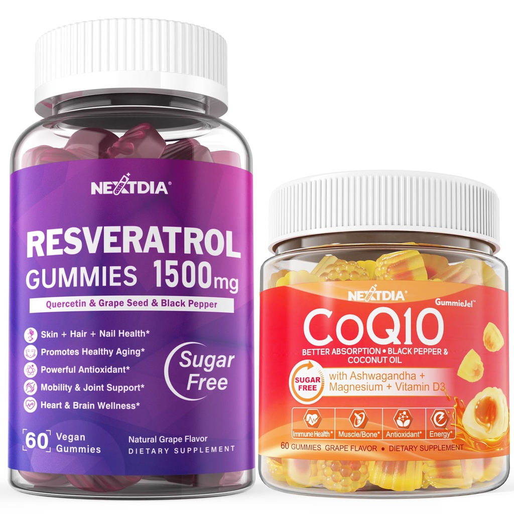 Sugar Free Resveratrol Gummies 1500mg + CoQ10 200mg Filled Gummies with Magnesium Support Health Aging & Longevity