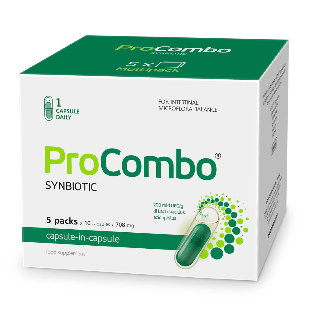 Chytrý synbiotik s cíleným dodáním dobrých bakterií. Dvojitá kapsle a tekutý vzorec pro rychlé výsledky. 1 tobolka za den (balení po 5)
