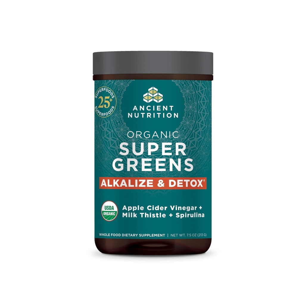 Starověké výživy Supergreens Alkalize & Detox Powder, Organic Superfood Powder Made from Real Fruits, Zelenina a Byliny, pro stravovací a energetické podpory, 25 Služeb, 7.5oz