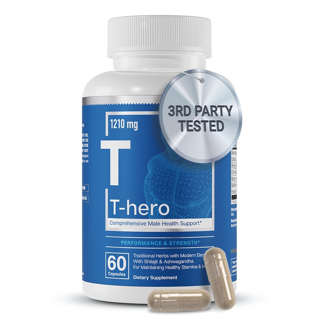 Základní prvky T- Hero - Denní Testosteron Podpora pro muže - Promotes Vitality & Drive - s Ashwagandha, Shilajit, Boron, DIM - 60 Počet - 30 Služeb