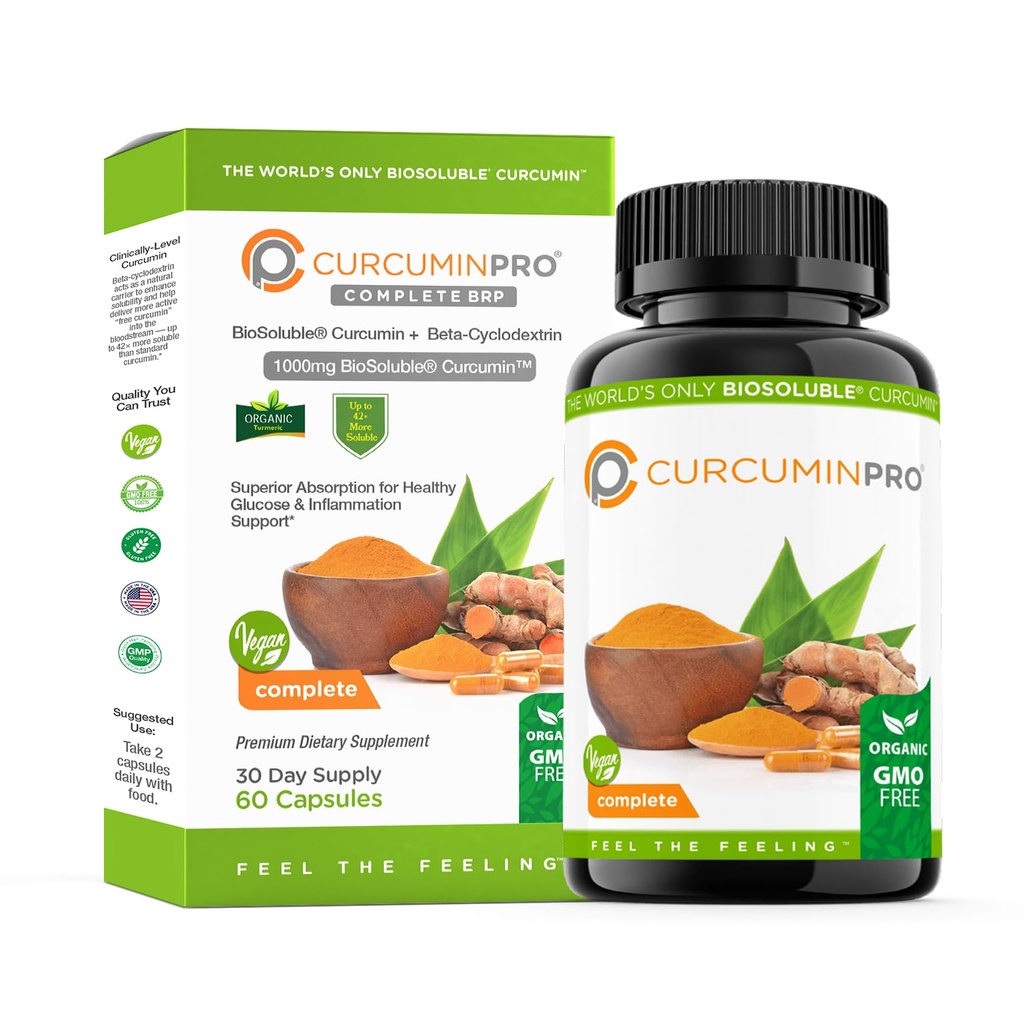 CurcuminPro Kompletní Vegan 124; BioSoluble Brown Rice Protein & Organic Turmeric Curcumin Dodatek 124; Plant- based Formule pro denní Wellness 124; 60 Počet