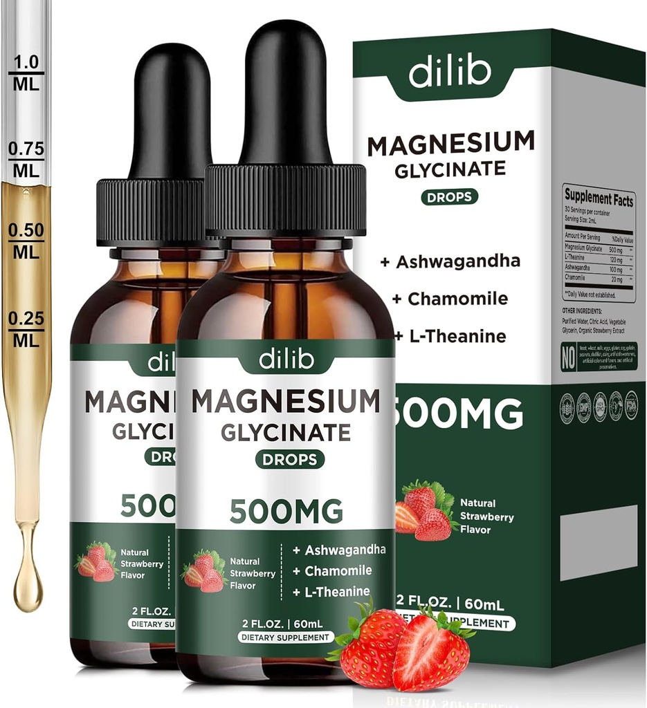 Magnesium Glycinát Tekuté Kapky Dodatek, s Magnesium Glycinát 500 mg Ashwagandha, L - Theanin, Heřmánek-Podpora Stress Relief, Kost, Svalovina, Mood Strawberry Flavor 2Pack