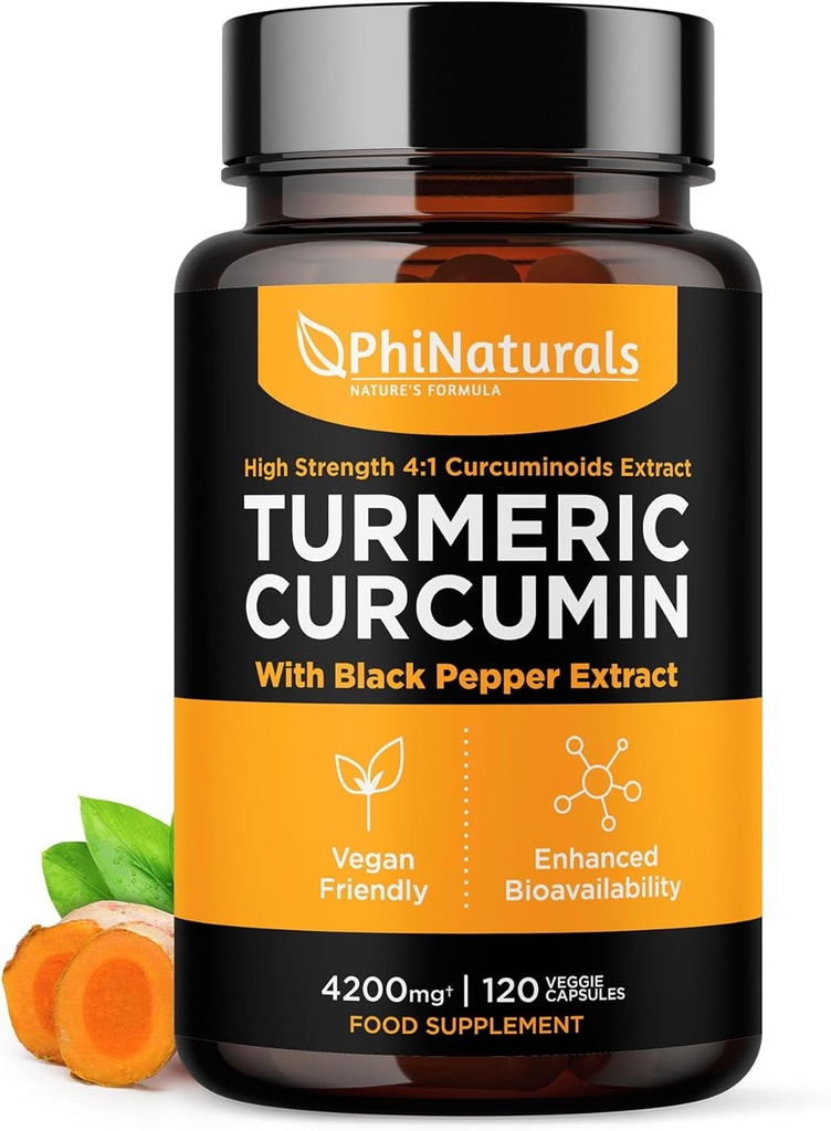 PhiNaturals Kurkumin dodatek s Black Pepper Extract - 4200 mg Celý Curcuma Root Ekvivalentní per 3 Kapsle Serving - Tumerické pilulky