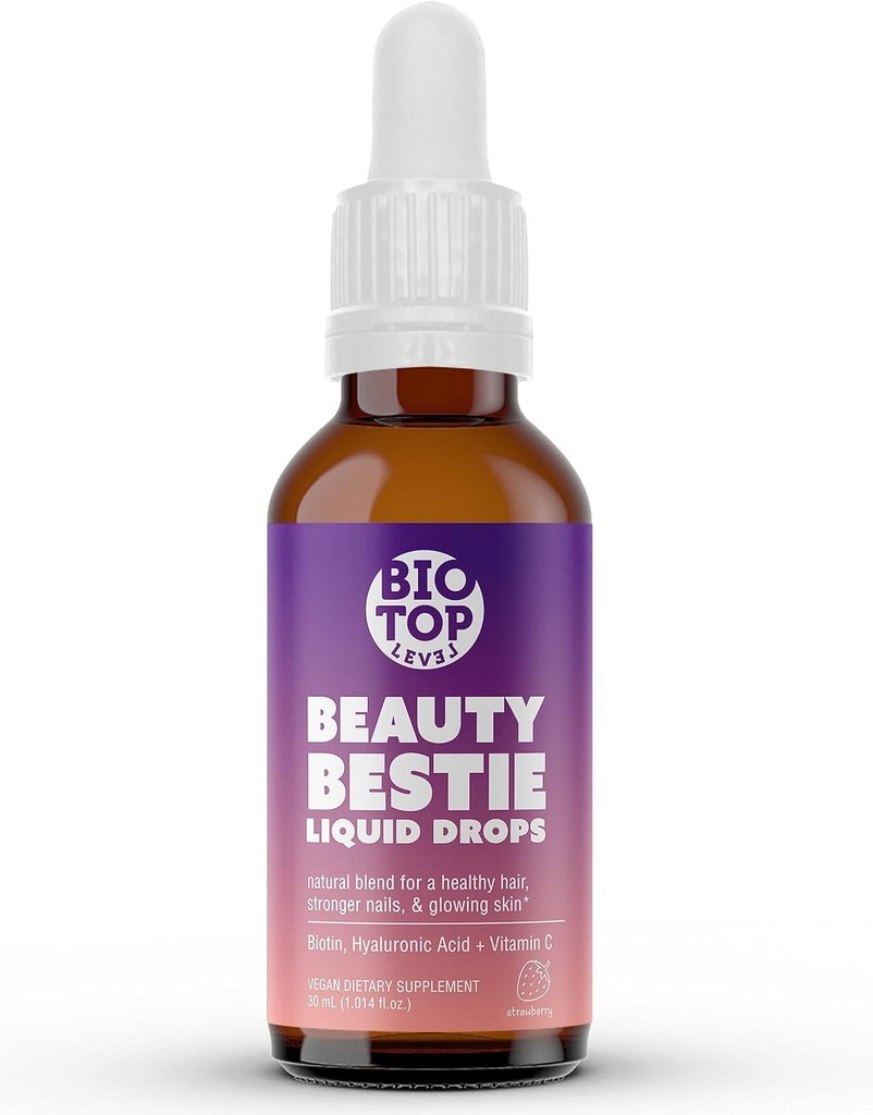 Beauty Bestie Vegan Liquid Drops, Biotin, Vitamin C, Hyaluronic Acid, Multi- Výhody Vitamíny Směs na podporu zdravé vlasy, kůže a hřebíky růst, Cukr zdarma 1 fl oz.