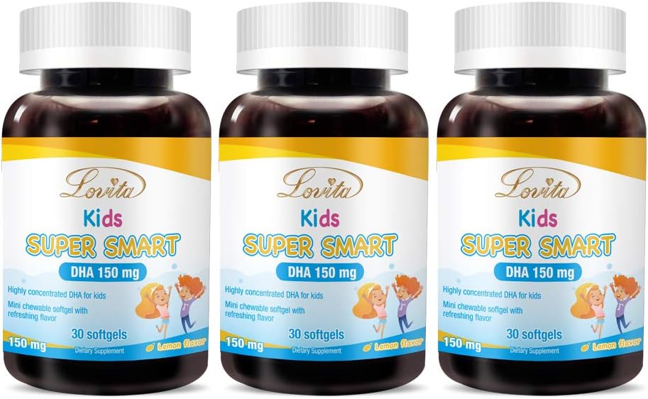 Lovita Kids Super Smart DHA, 150mg DHA a 30mg EPA Omega 3 mastné kyseliny, podporuje zdraví mozku, přírodní Lemon Flavor, 30 Žvýkací ponožky (balení po 3)