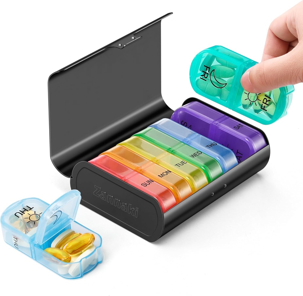 Zannaki Metal XL Týdenní Pill Organizátor 2 krát denně, Velké cestovní Denní Pill Box 7 Day, Přenosný týden dvakrát Pill Holder Container, AM PM Pill Pouzdro pro medicínu vitamin Medicína Doplatek, Black
