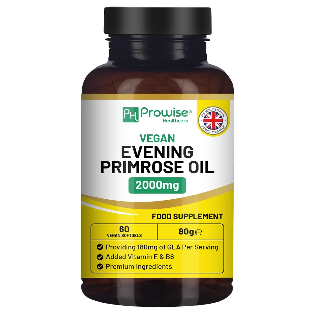Vegan Evening Primrose Oil 2000mg s vitaminem E & B6 - 60 Vegan Softgels current 124; Pure Cold Pressed I 180mg GLA per Capsule I Women 's Health I Premium Quality I by Prowise Healthcare