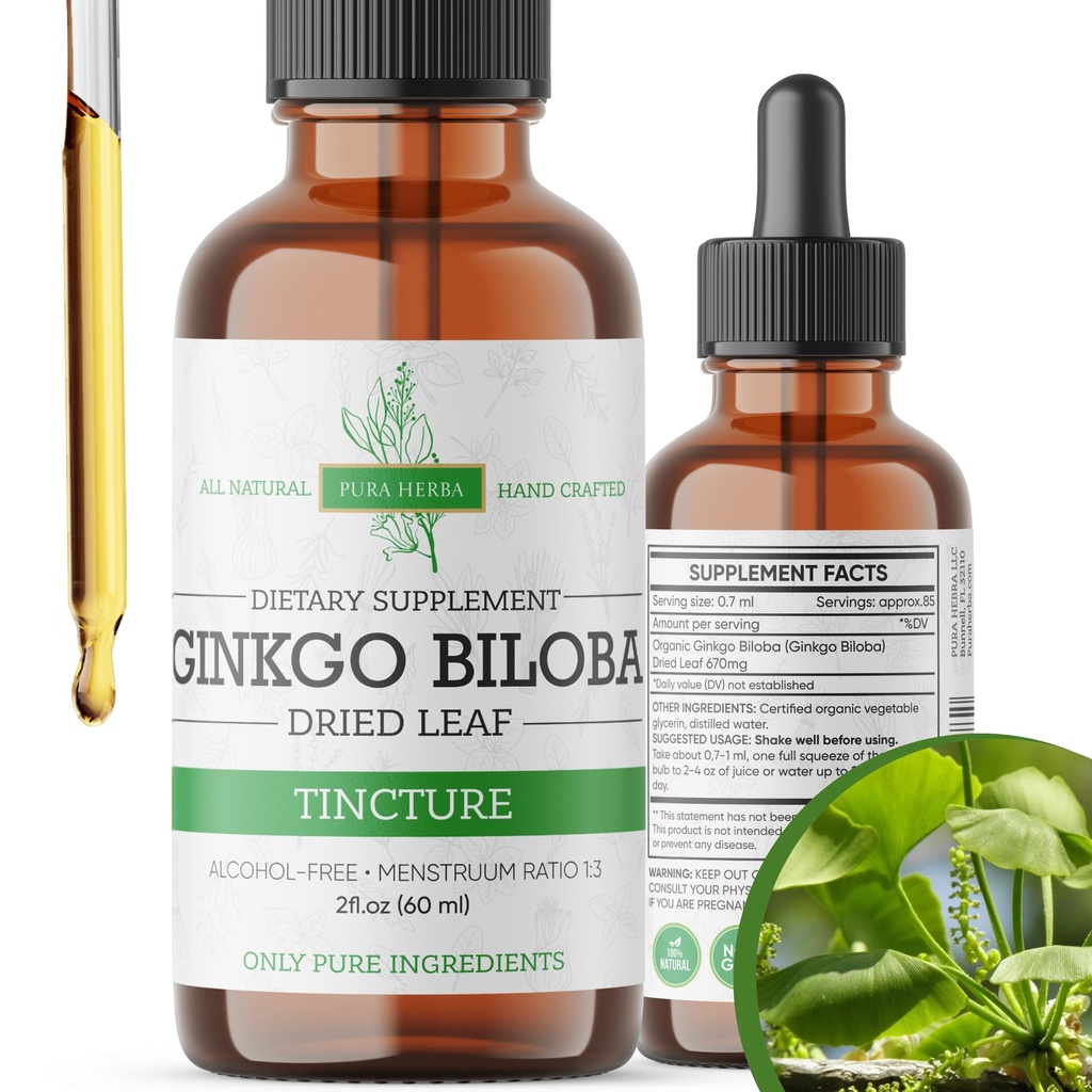 Ginkgo Biloba Extract Liquid 2 Fl Oz, doplňky pro funkci mozku a podporu paměti, Alkohol zdarma, Vegan - 2 Fl Oz