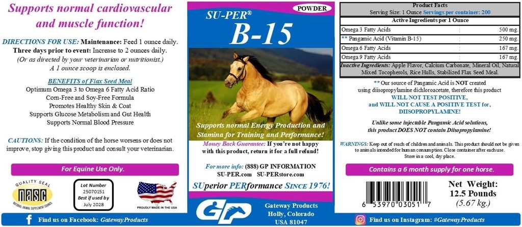 SU-PER B-15 Doplněk k vitamínu pro koně - Koňský vitamin B-15 Prášek pro podporu výkonu - 12.5 Pounds, 6 Měsíční dodávka
